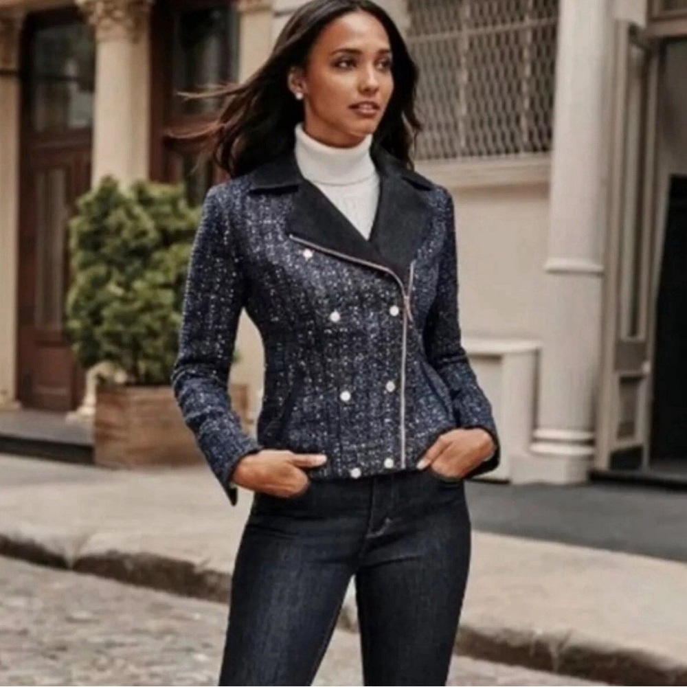 White House Black Market Lurex Sequin Navy Tweed Blazer Motorcycle Jacket Blue